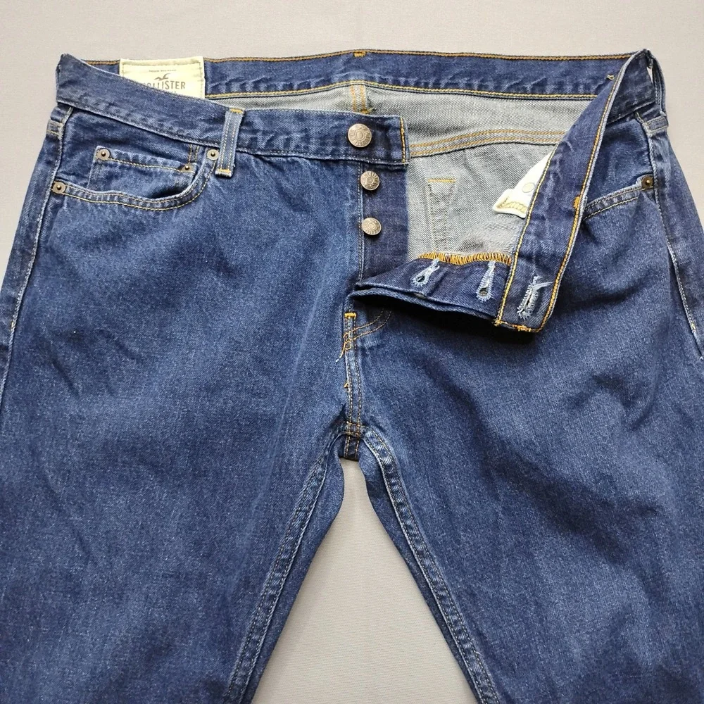 Hollister Men 38x34 Straight Leg Blue Denim Jeans Button Fly Dark Wash 2742